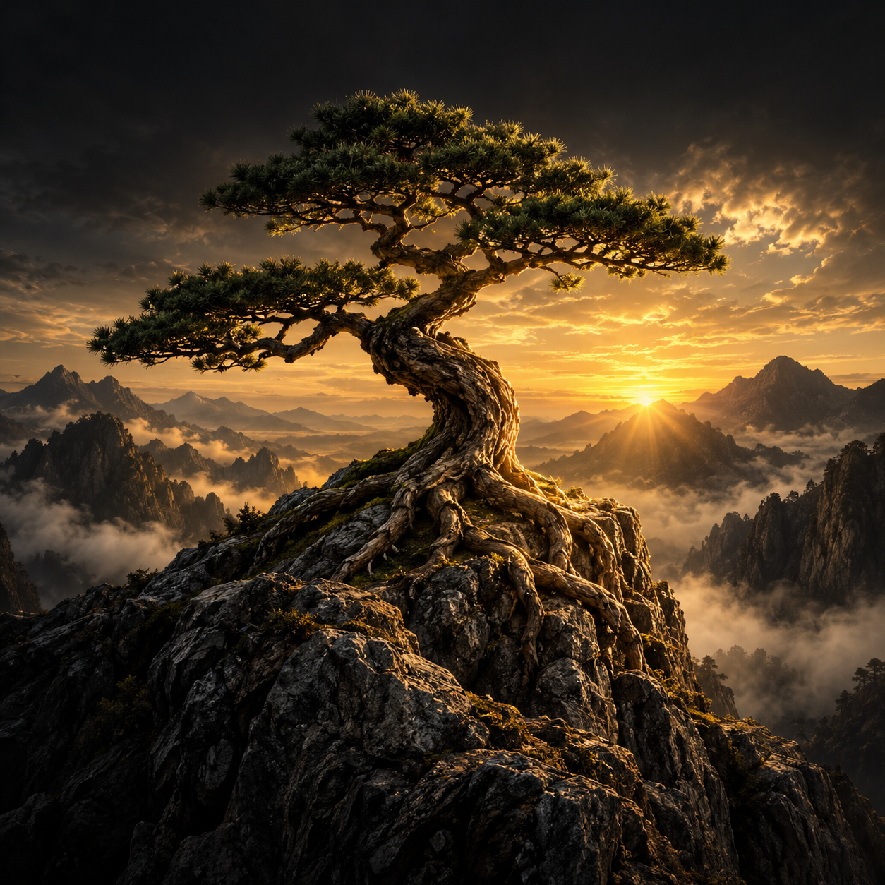 A deeply rooted tree growing on a mountain summit in golden light