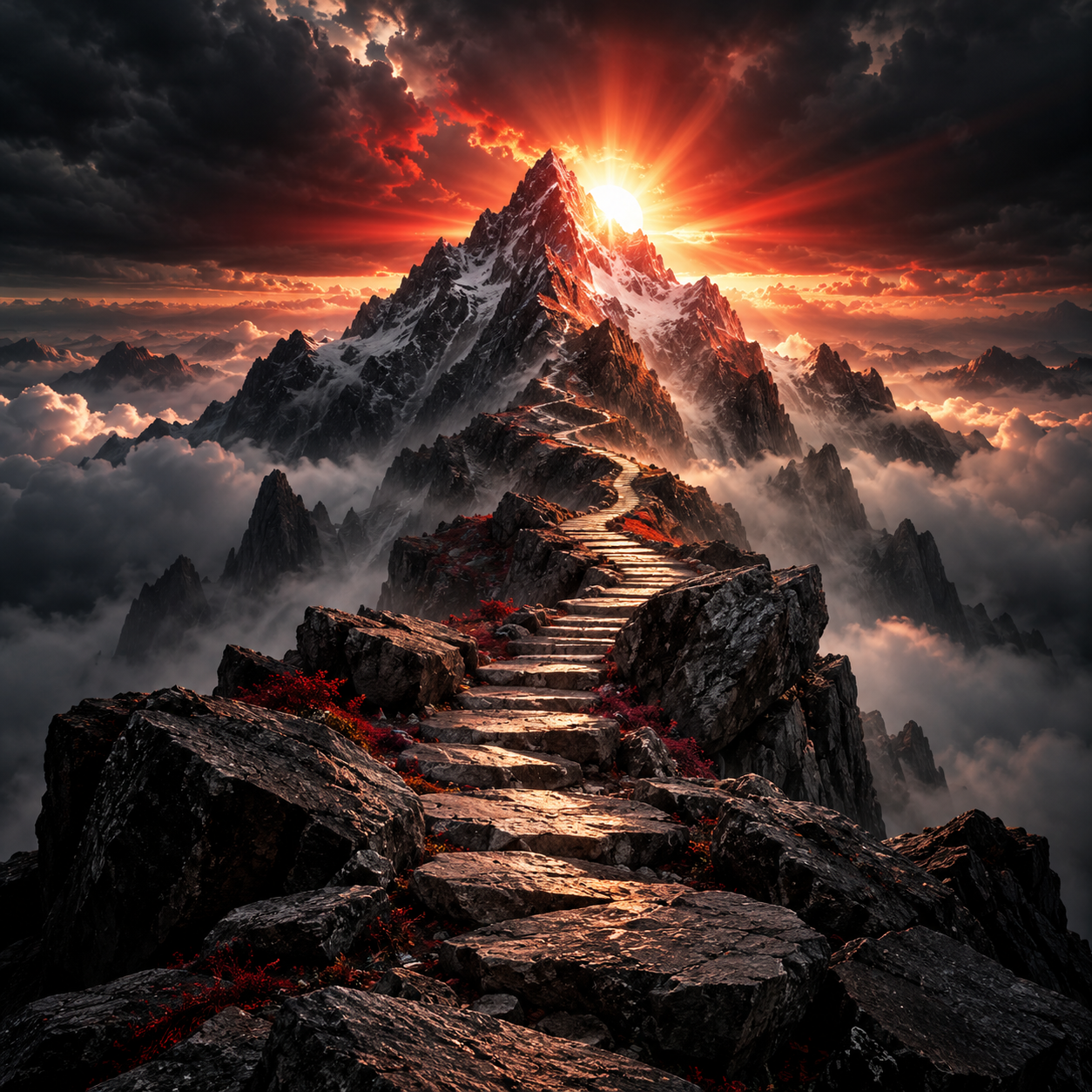 A mountain path rising toward a summit in a brilliant red sunrise