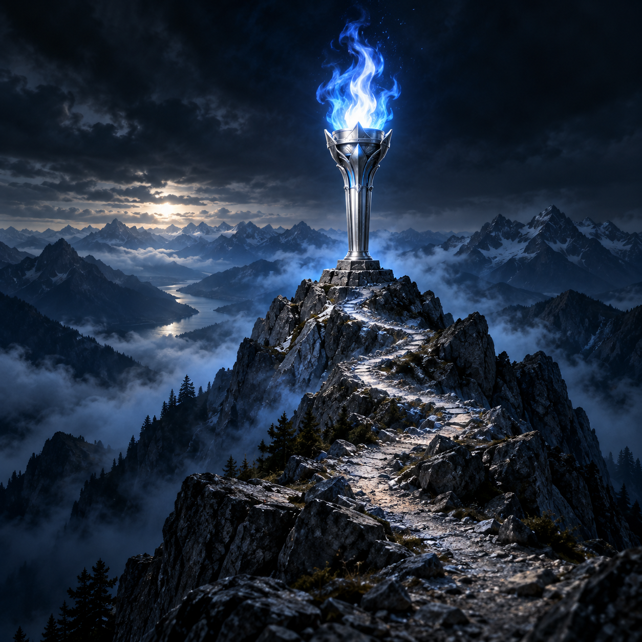 A blue-flamed torch lighting the way from a mountain summit